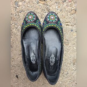 Lulu Guinness Womens Black Suede Embroidered Ballet Flats Size 37, 37.5 *read*